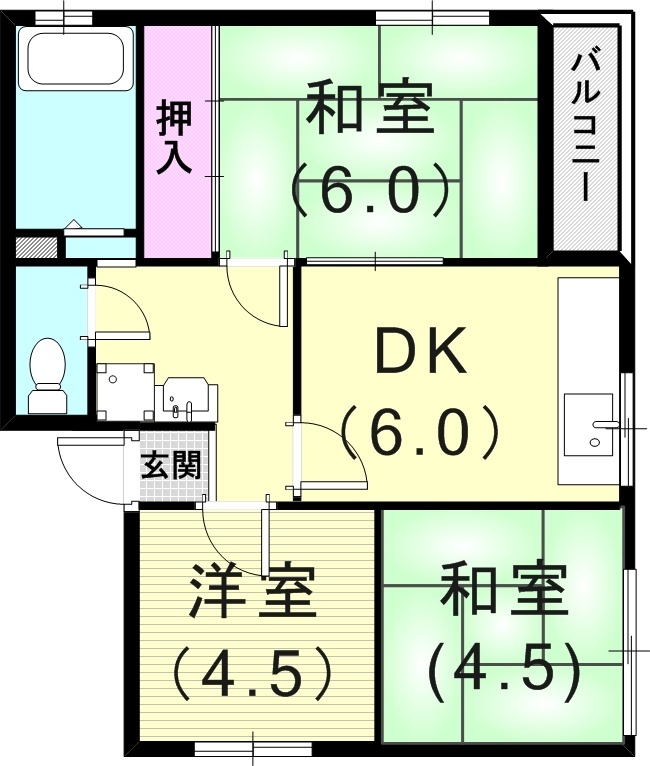 3DK(45平米）室内洗濯機置場・コンロ設置可