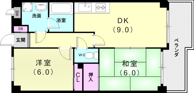 2DK（48.5平米）システムキッチン・南面バルコニー・和室
