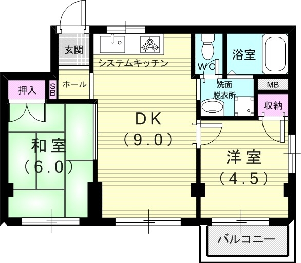 ２ＤＫ（４３．8８平米）システムキッチン・脱衣所・独立洗面台