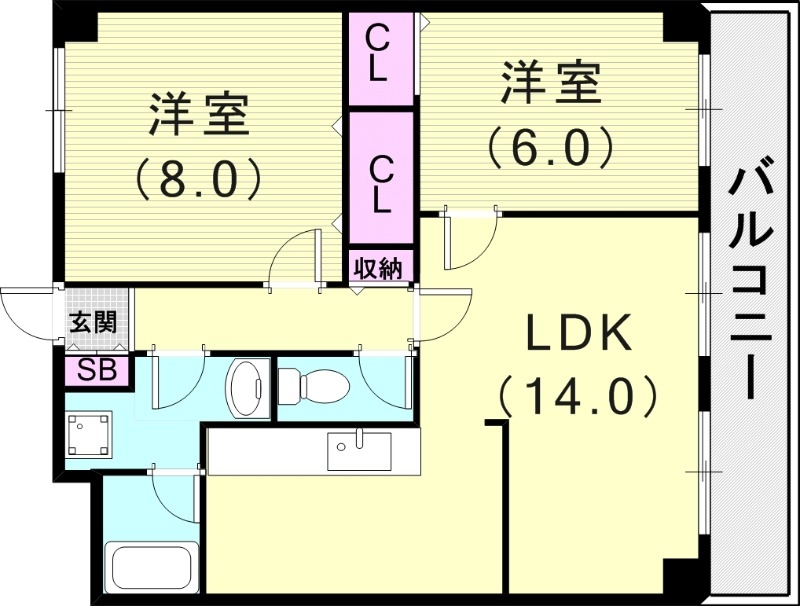 2LDK(58.03平米）室内洗濯機置場・角部屋・バルコニー