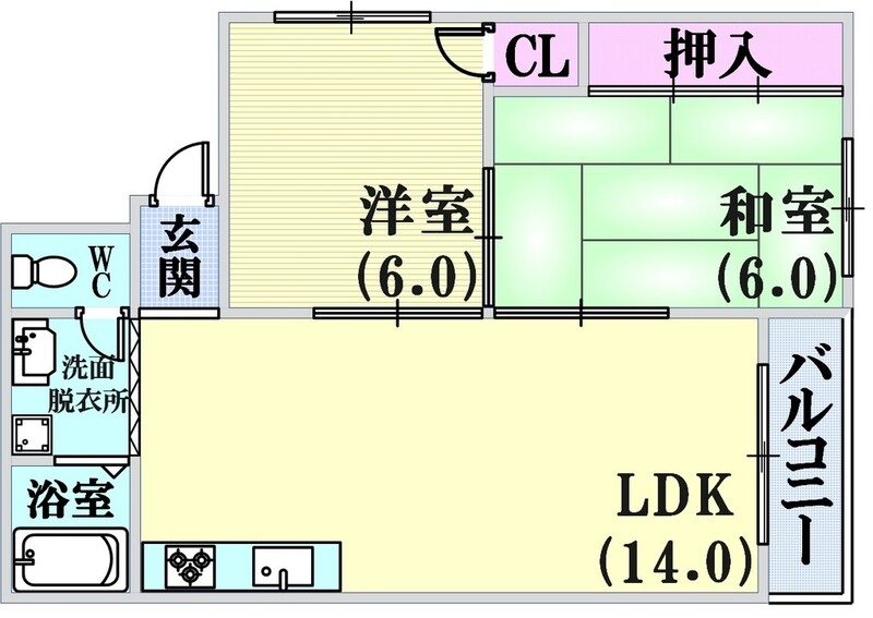 LDK14帖でゆったりとくつろげる間取り