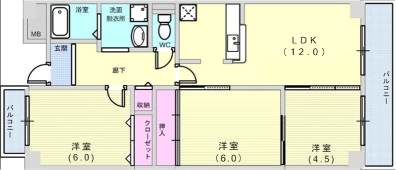 3LDK（68.0平米）モニター付きインターホン・オートバス