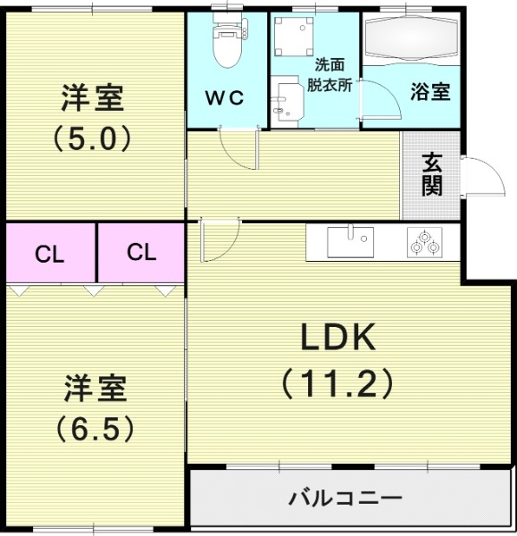 2LDK（６４平米）独立洗面台・オートバス・追炊き