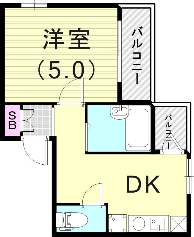 1DK(21.99平米）バス・トイレ別・下駄箱・エアコン2基