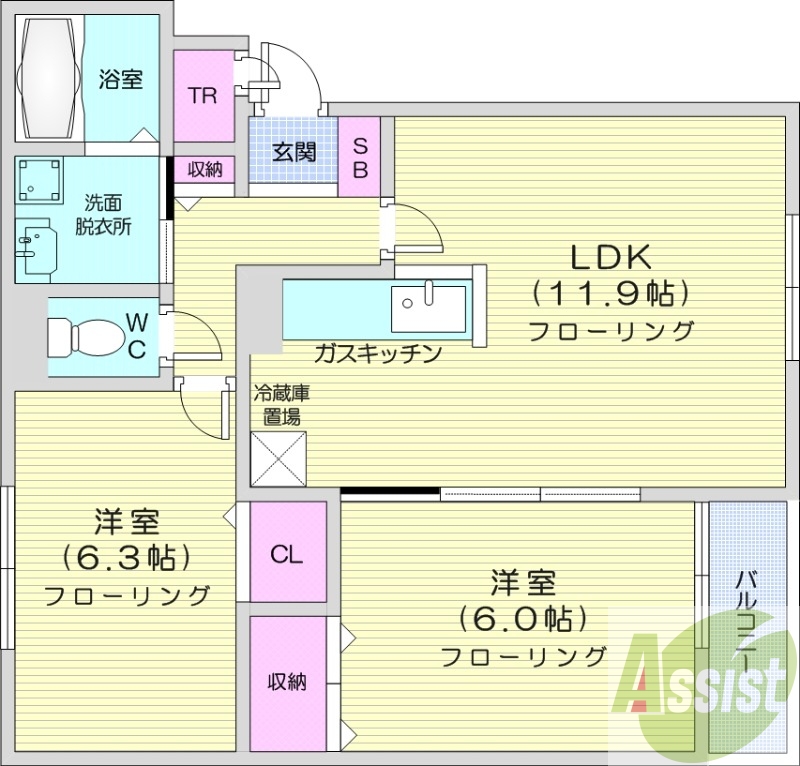 2LDK、モニターホン、洗髪洗面化粧台、収納
