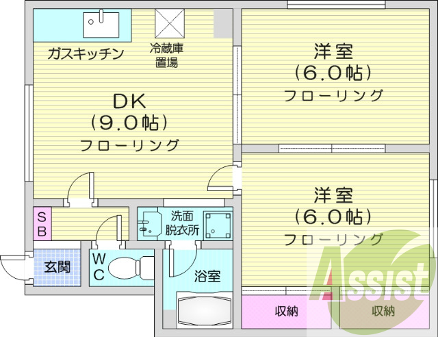 2DK、シャンプードレッサー、独立洗面台