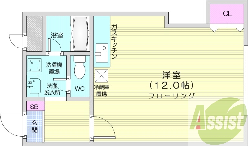 1R、収納、ガス暖房、オートロック、洗濯機置場