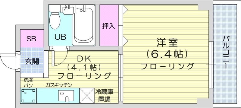 1DK、バルコニー、ユニットバス、ガスキッチン