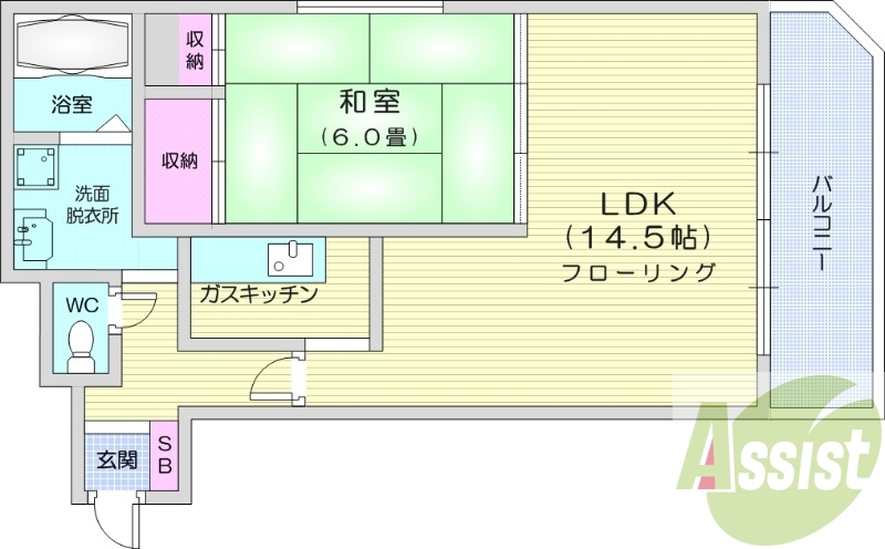 1LDK、角部屋、バストイレ別、ネット無料