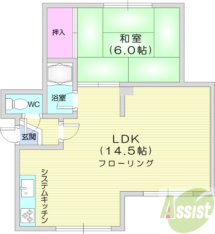 1LDK、システムキッチン、バストイレ別、灯油暖房