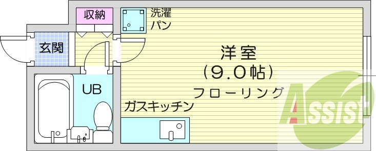 1R、都市ガス、オートロック、室内洗濯機置き場、収納