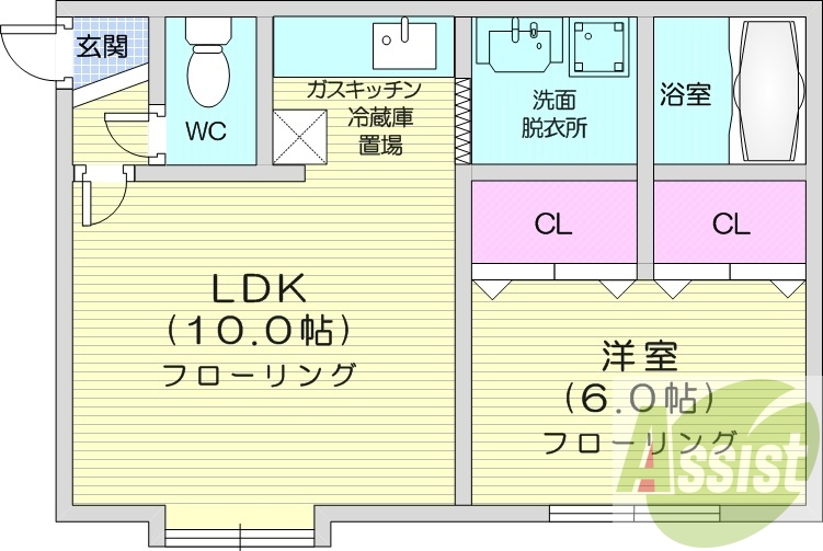 1LDK、CL２個、バストイレ別、洗面脱衣所