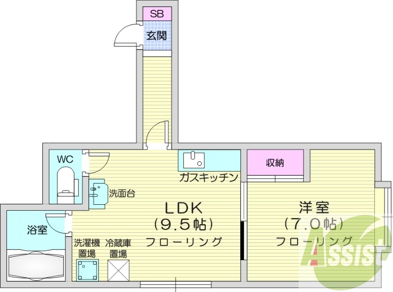 1LDK、灯油暖房、収納、インターホン、洗濯機置場