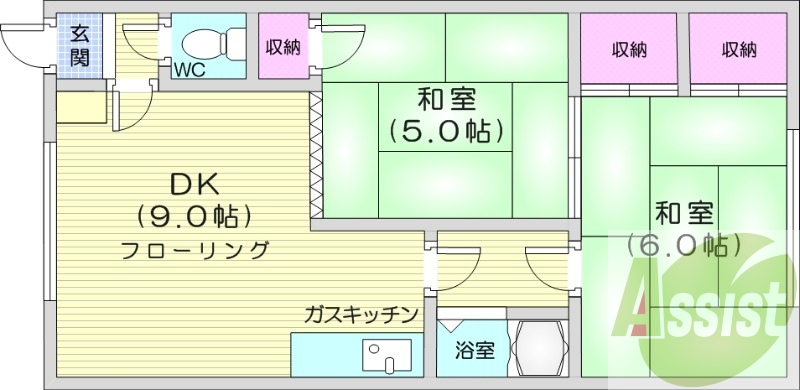 2DK、収納、洗濯機置場、灯油暖房、角部屋