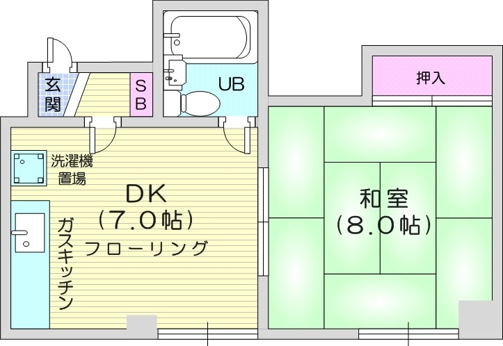 1DK、最上階、給湯ガス、暖房灯油FF、収納