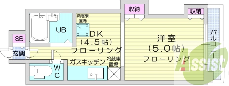 １DK、シャワートイレ、ガスFF暖房