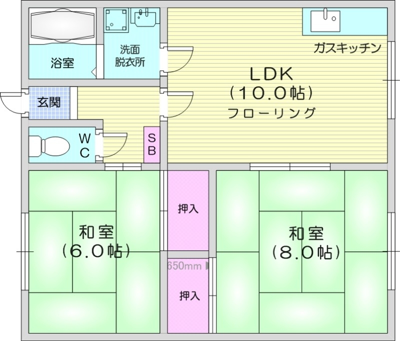 2LDK、バストイレ別、独立洗面台、ガス給湯