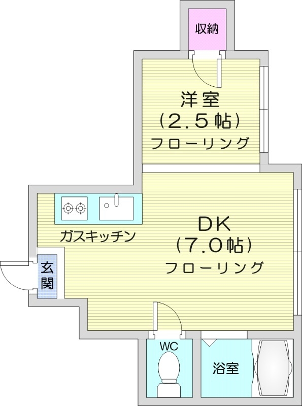 1DK、灯油暖房、ガス給湯、バストイレ別