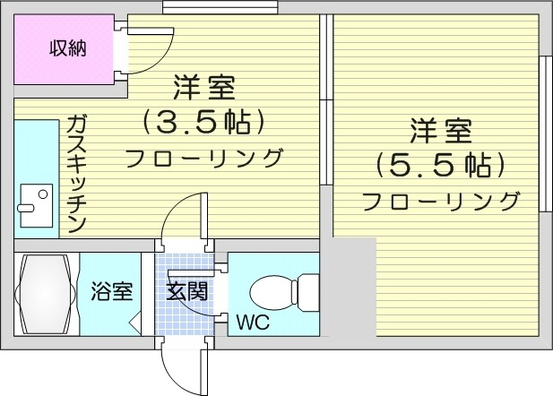 1DK、バストイレ別、灯油FF暖房、収納