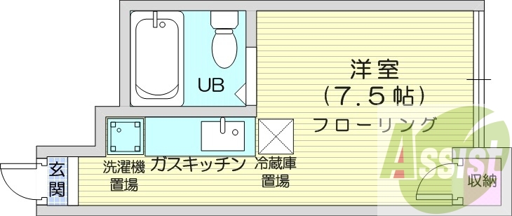 1DK、バストイレ別、灯油FF暖房、収納