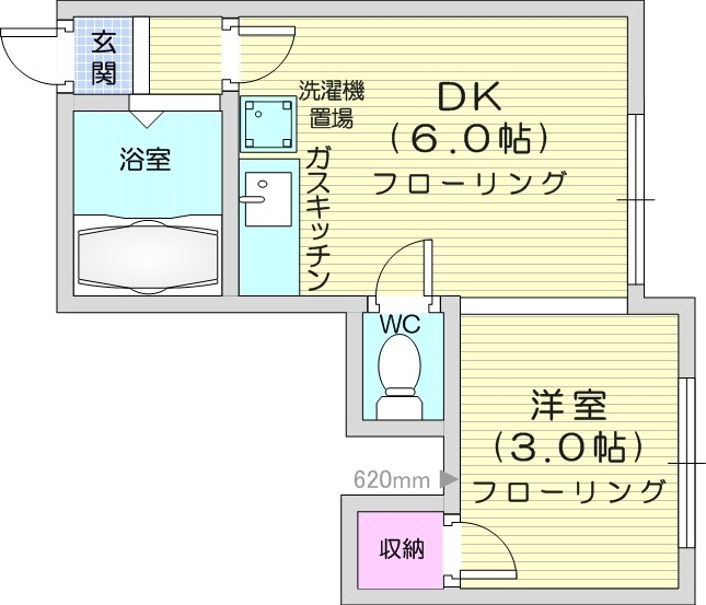 1DK、バストイレ別、灯油FF暖房、収納