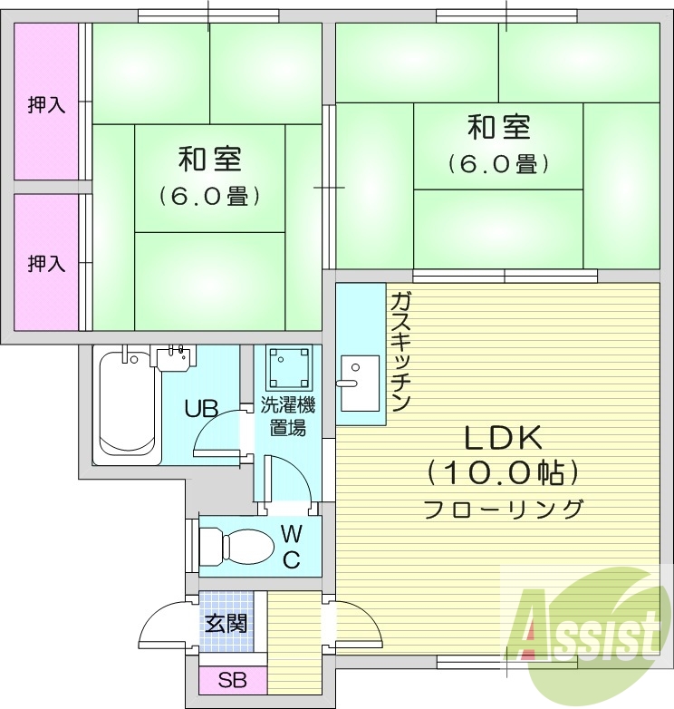 2LDK、バストイレ別、角部屋、灯油暖房