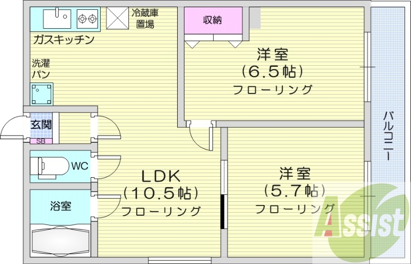 2LDK、バストイレ別、独立洗面台、灯油FF暖房
