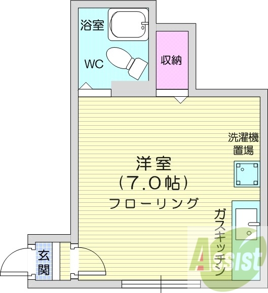1R、室内洗濯置場、都市ガス、ペット可能、収納