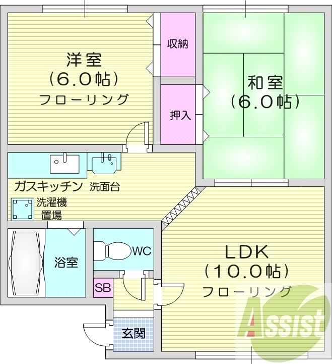 2LDK、バストイレ別、収納、押入、シューズボックス