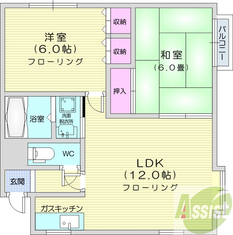 2LDK、角部屋、都市ガス、バストイレ別、インターホン