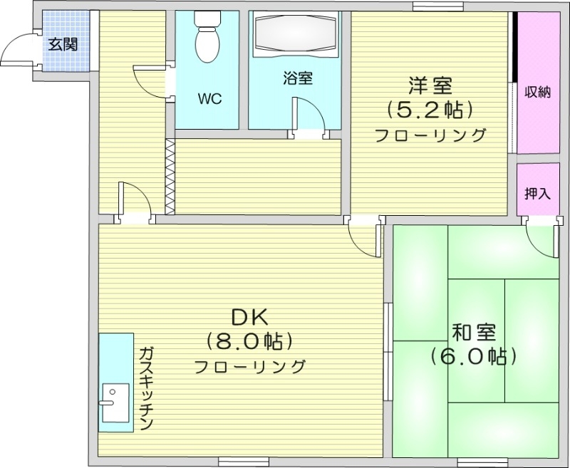 2DK、角部屋、ペット対応、バストイレ別