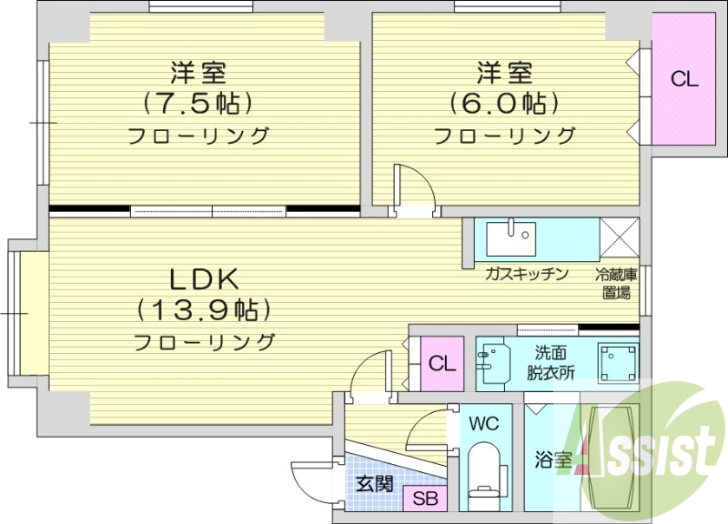 2LDK、シャワートイレ、シャンプードレッサー