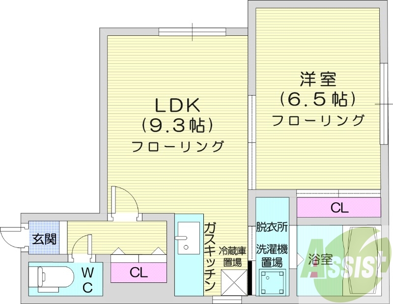 1DK、クローゼット２か所、脱衣所、洗濯機置場、ガスキッチン