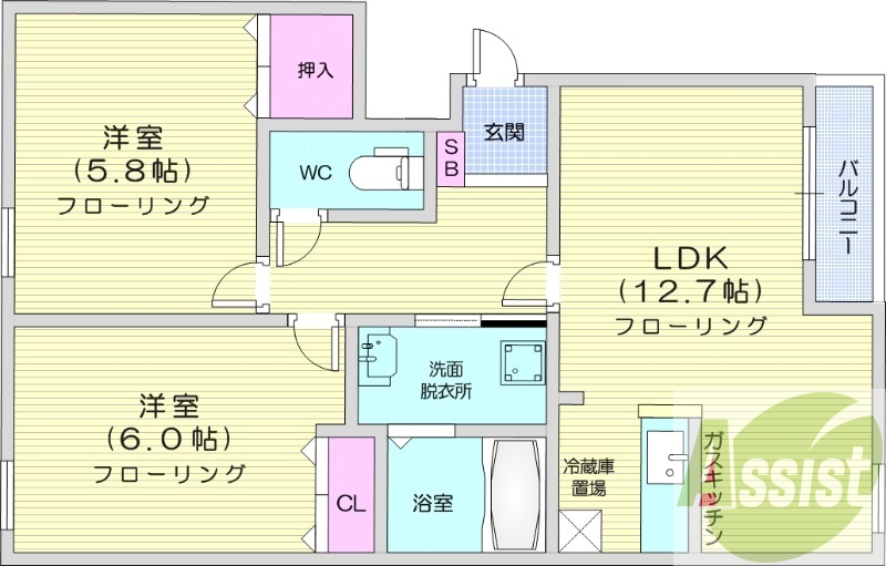 2LDK、角部屋、バストイレ別、独立洗面台、ウォシュレット