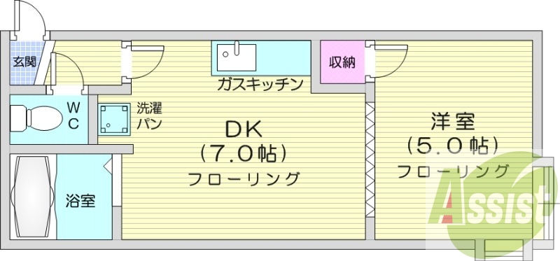 1DK、角部屋、バストイレ別、灯油FF暖房