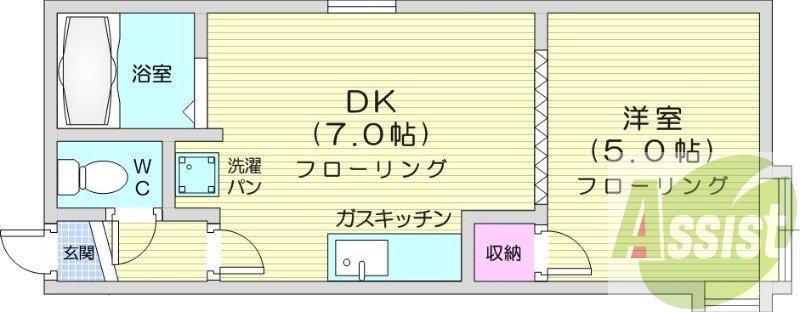 1DK、エアコン、バストイレ別、シャワートイレ