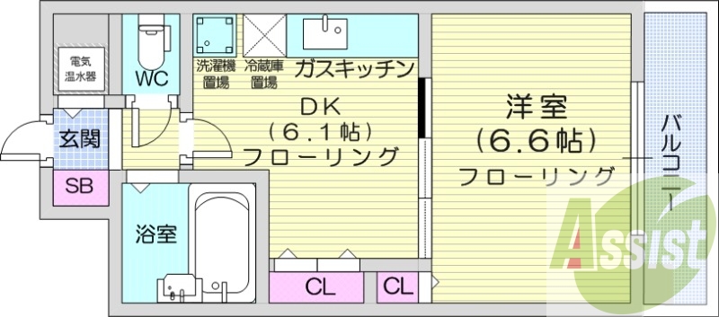 1DK、都市ガス、バストイレ別、電気温水器