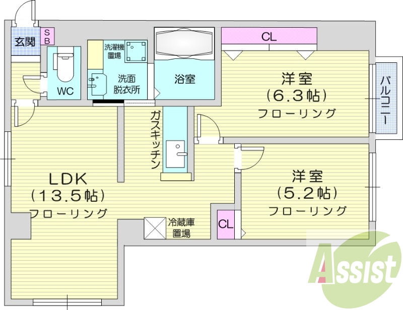 2LDK、洗面脱衣所、クローゼット2か所、バルコニー