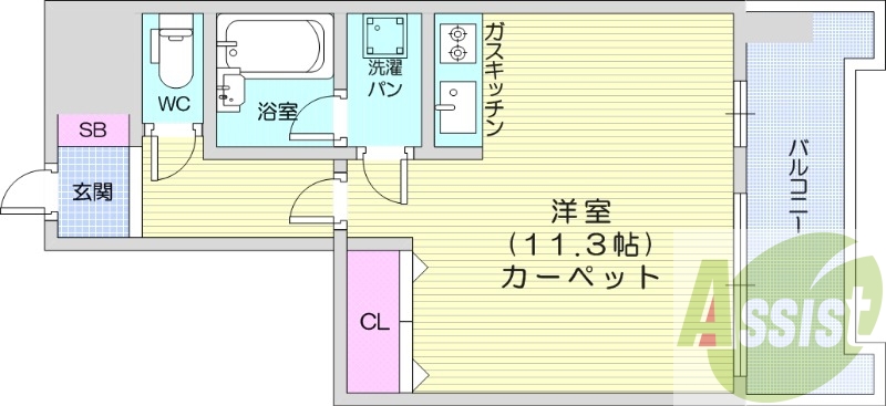1R、バストイレ別、システムガスキッチン、クローゼット