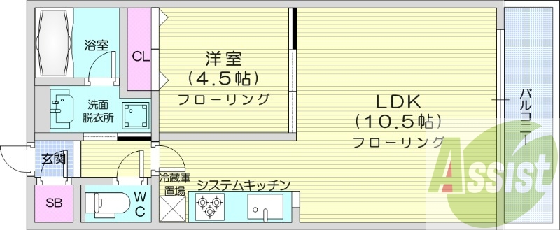 1LDK、角部屋、都市ガス、システムキッチン、ガスFF暖房