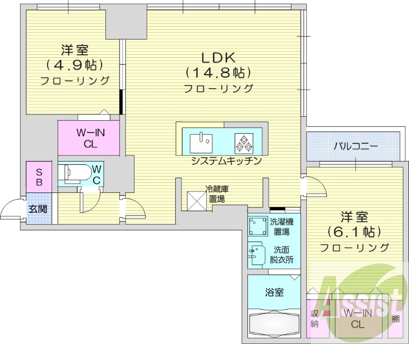 2LDK、ウォークインクローゼット、洗面脱衣所