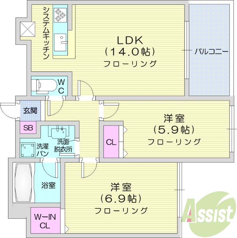 2LDK、クローゼット、システムキッチン、ウォシュレット