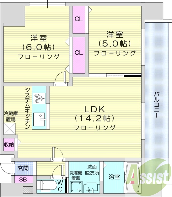2LDK、収納、洗濯機置場、暖房設備、都市ガス