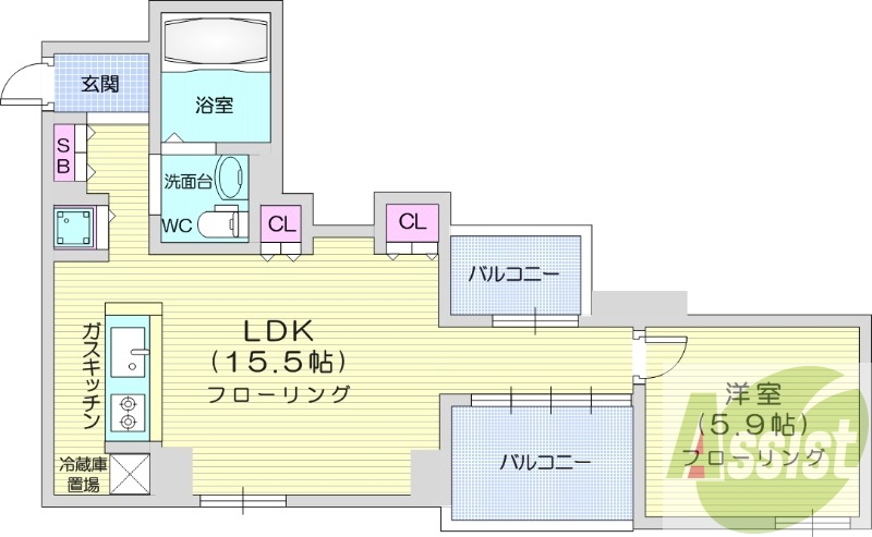 1LDK、都市ガス、システムキッチン、灯油FF暖房