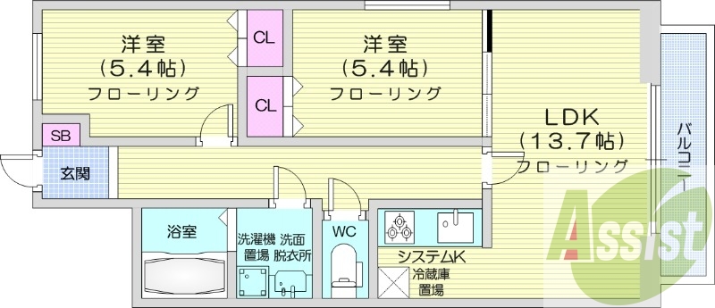 2LDK、オートロック、都市ガス、駐車場確定であり