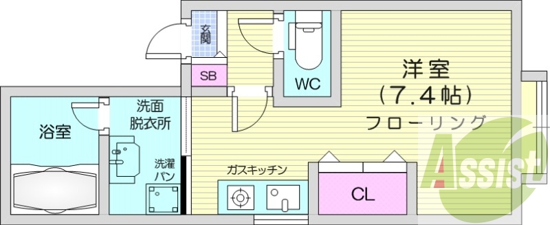 1R、システムキッチン、エアコン、角部屋