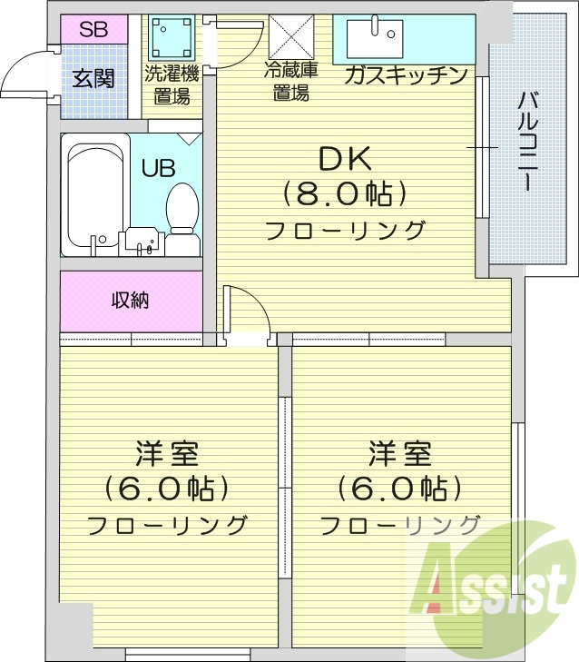 2DK、角部屋、都市ガス、ガスFF暖房、ロスナイ