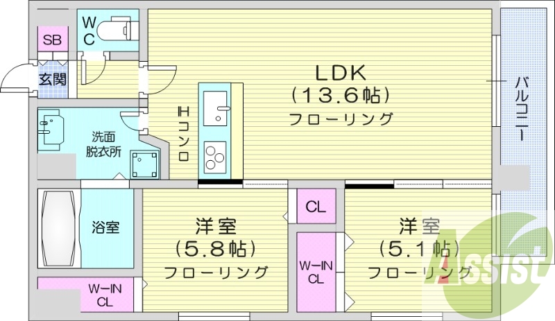 2LDK、オール電化、オートロック、最上階、角部屋、エアコン