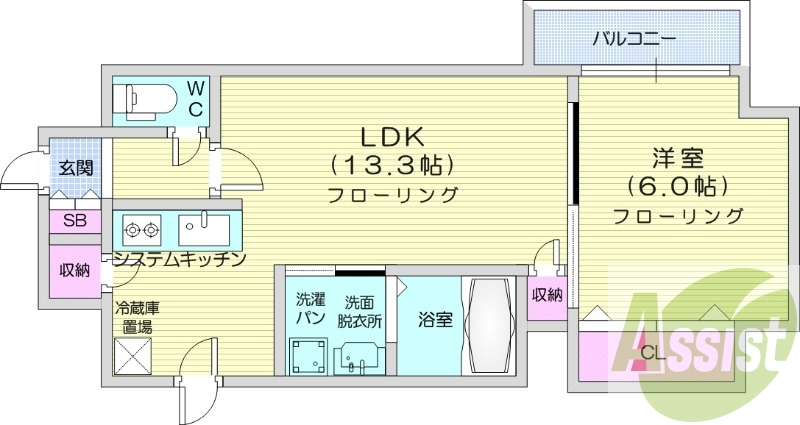 1LDK、クローゼット、システムキッチン