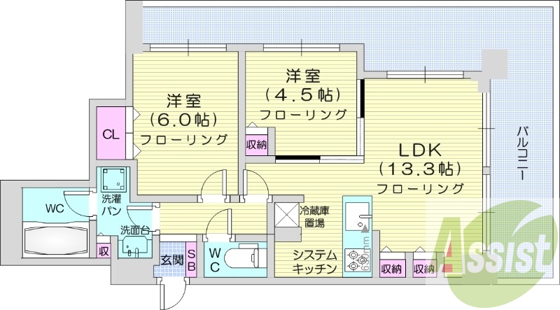 2LDK、都市ガス、バストイレ別、エアコン